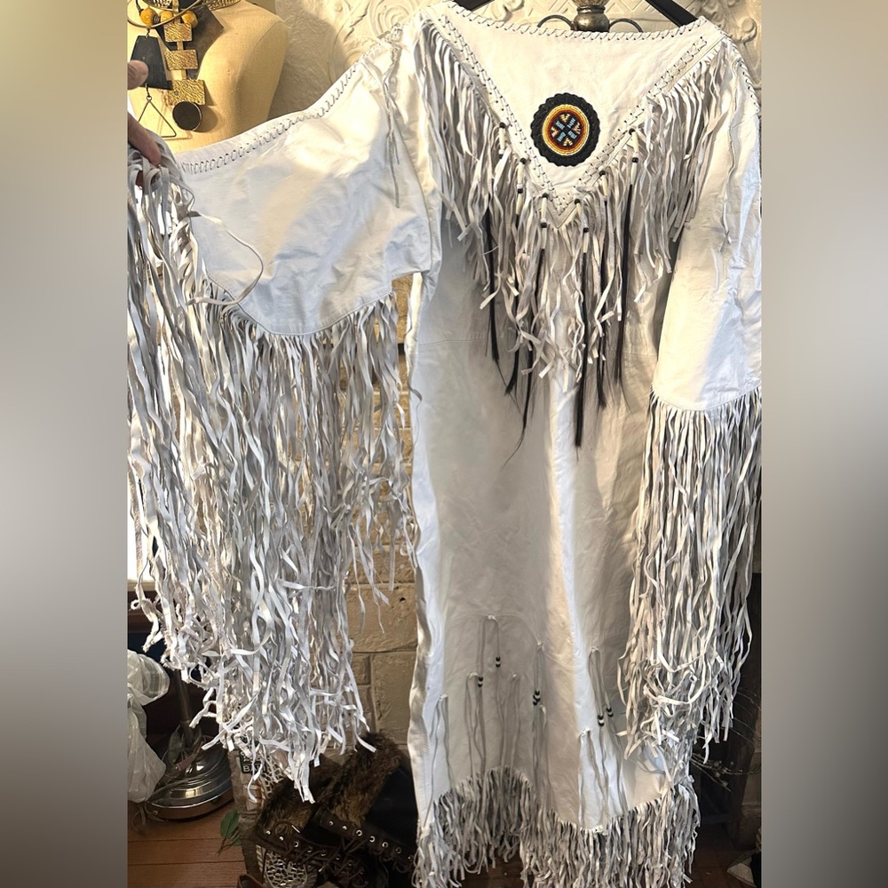 New Indian white leather Fringed regalia White Dance Dress Beaded pony hair PLUS